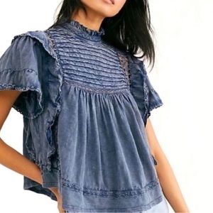 Free People Blue Ruffled Top